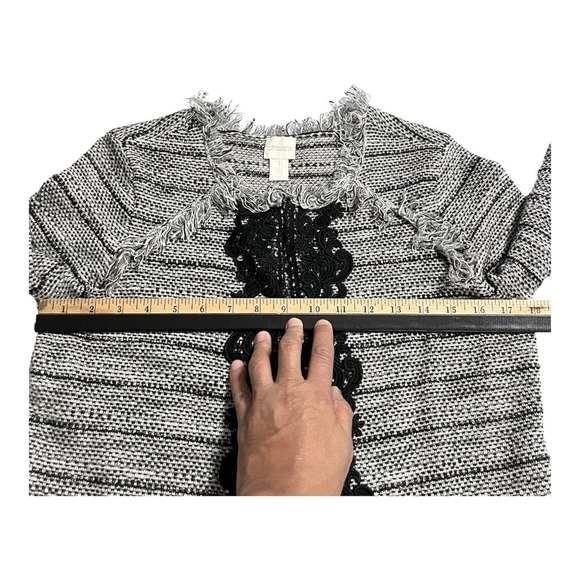 CHICO'S Black and Gray Tweed Fringed Lace Cardigan Jacket size 1 - Picture 13 of 16